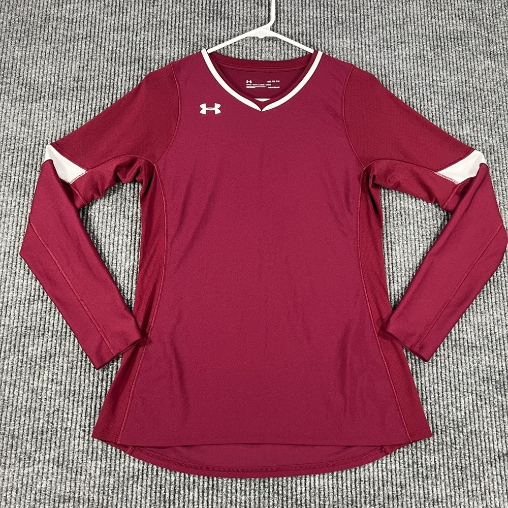 Under Armour‎ Shirt Womens Medium Red Long Sleeve Fitted Heat Gear V Neck Active